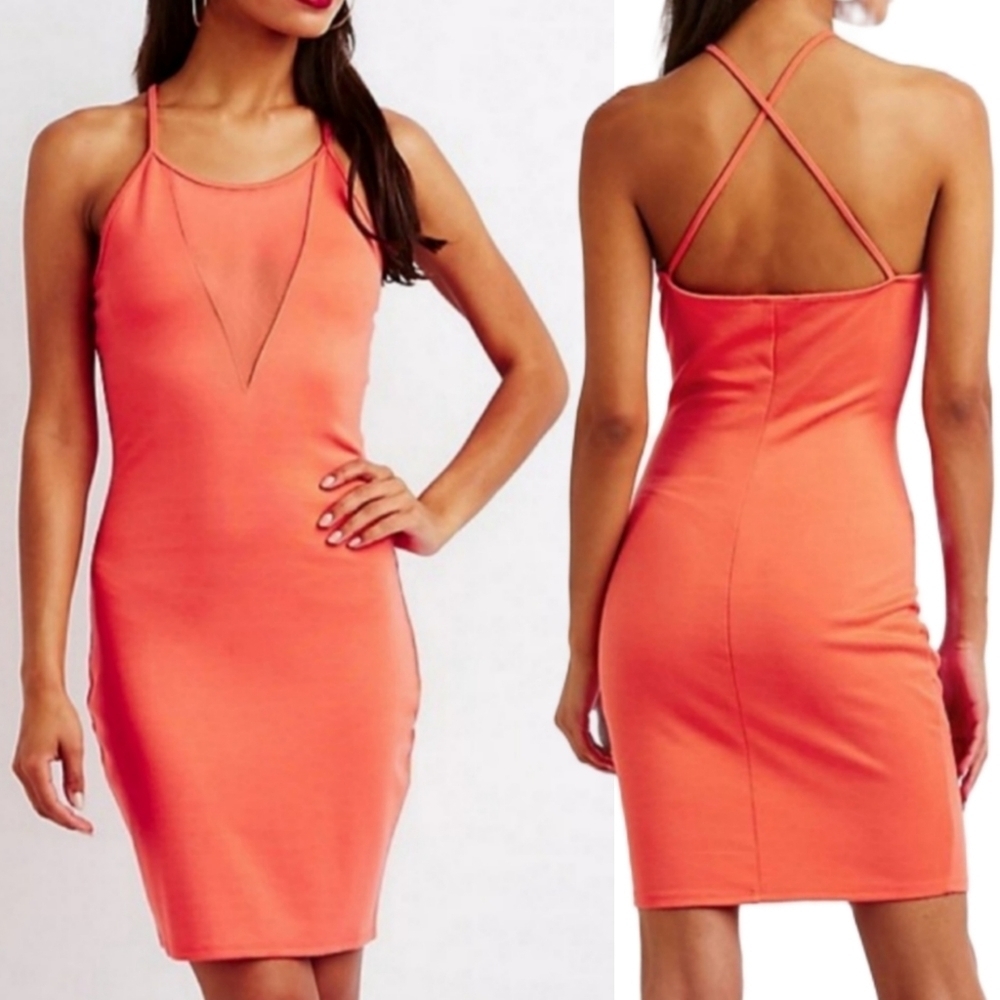 NWT BRIGHT CORAL MESH INSET PLUNGE BODYCON DRESS